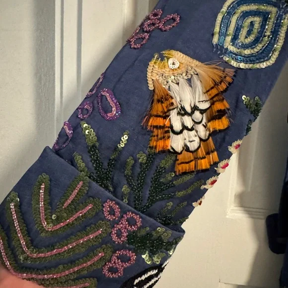 La Fuori Embroidered and Beaded Blue Long Coat - Picture 5 of 7